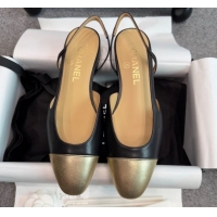 Classic Hot Chanel Metallic & Calf Leather Slingback Flats G31319 Black/Gold