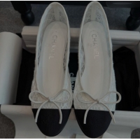 Top Grade Chanel Embroidered Mesh & Grosgrain Ballet Flats G02819 White