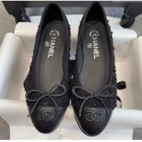 Luxurious Chanel Tweed & Leather Ballet Flats G02819 Black