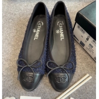 Unique Style Chanel Tweed & Leather Ballet Flats G02819 Navy Blue