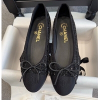Good Quality Chanel Tweed & Grosgrain Ballet Flats G02819 Black/Sequins