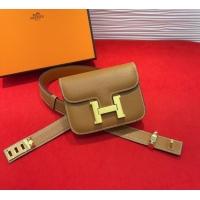 Luxury Cheap Hermes Constance Slim Pouch Belt 2.4cm in Grained Calfskin with Studs Buckle H072401 Brown 2025