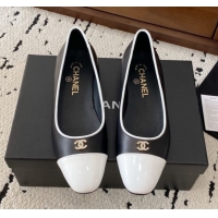 Stylish Chanel Calfskin & White Patent Leather Ballet Flats Black 2025 CH071401
