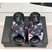 Best Grade Chanel Printed Flat Slides Sandal Black 2025 CH071402