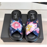 Expensive Chanel Printed Flat Slides Sandal Navy Blue 2025 CH071402