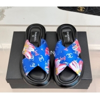 Shop Duplicate Chanel Printed Flat Slides Sandal Sky Blue 2025 CH071402