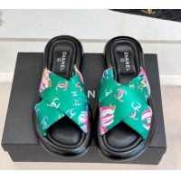 Unique Style Chanel Printed Flat Slides Sandal Green 2025 CH071402