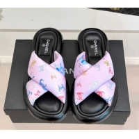 Comfortable Chanel Printed Flat Slides Sandal Pink 2025 CH071402