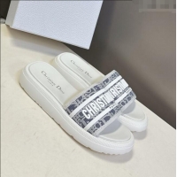 Spot Bulk Dior Dioriviera Dway Flat Slides Sandal in Chambray Blue Jacquard with Ecru Raffia Oblique Motif and White Rub