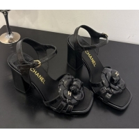 Good Quality Chanel Heel Camellia Sandals 9cm Black Patent Leather 2025 G46516