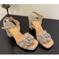 Good Quality Chanel Heel Camellia Sandals 9cm in Grey Suede 2025 G46516