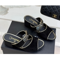 Stylish Chanel Suede Heel Slides Sandal with Bow Black 2025 CH071403