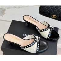 Best Grade Chanel Straw-Like & Patent Calfskin Heel Slides Sandal with Strass Black/White/Gold 2025 CH071404