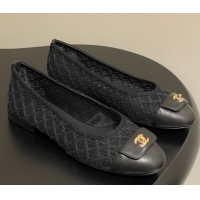 Classic Specials Chanel Embroidered Mesh & Leather Ballet Flats with Foldover Black 2025 CH071405