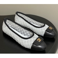 Buy Luxury Chanel Embroidered Mesh & Leather Ballet Flats with Foldover White 2025 CH071405