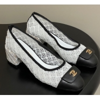 Shop Cheap Chanel Embroidered Mesh & Leather Pumps 5cm with Foldover White 2025 CH071405
