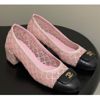 Top Grade Chanel Embroidered Mesh & Leather Pumps 5cm with Foldover Pink 2025 CH071405