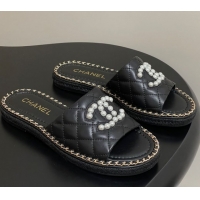 Top Design Chanel Lambskin Flat Slides Sandal with Pearls and Chain Black 2025 CH071501