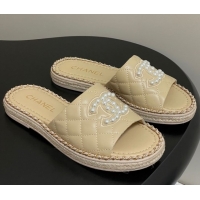 Good Quality Chanel Lambskin Flat Slides Sandal with Pearls and Chain Beige 2025 CH071501
