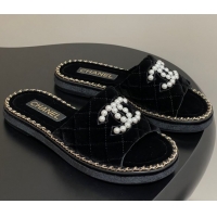 Crafted Chanel Velvet Flat Slides Sandal with Pearls and Chain Black 2025 CH071501