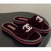 Classic Hot Chanel Velvet Flat Slides Sandal with Pearls and Chain Burgundy 2025 CH071501