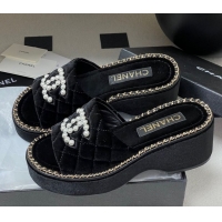 Best Price Chanel Velvet Platform Wedge Slides Sandal with Pearls and Chain Black 2025 CH071501