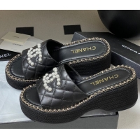 Popular Style Chanel Lambskin Platform Wedge Slides Sandal with Pearls and Chain Black 2025 CH071501