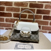 New Cheap Gucci Horsebit 1955 Leather and GG Canvas Small Top Handle Bag 703848 Beige/White 2025