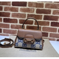 Top Design Gucci Horsebit 1955 Leather and Maxi GG Canvas Small Top Handle Bag 703848 Brown/Blue 2025
