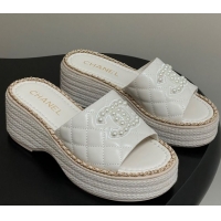 Buy New Cheap Chanel Lambskin Platform Wedge Slides Sandal with Pearls and Chain White 2025 CH071501