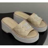 Shop Cheap Chanel Lambskin Platform Wedge Slides Sandal with Pearls and Chain Beige 2025 CH071501
