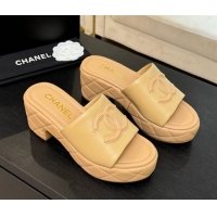 Best Price Chanel Quilted Lambskin Platform Wedge Slides Sandal Beige Yellow 2025 CH071502