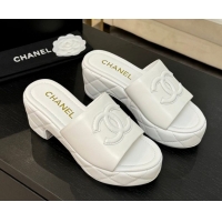 Best Grade Chanel Quilted Lambskin Platform Wedge Slides Sandal White 2025 CH071502
