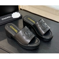 Buy Luxury Chanel Quilted Lambskin Platform Wedge Slides Sandal Black 2025 CH071502