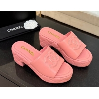 Classic Hot Chanel Quilted Lambskin Platform Wedge Slides Sandal Pink 2025 CH071502