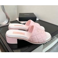 Good Quality Chanel Quilted Lambskin Heel Slides Sandal with Chain Pink 2025 CH071503