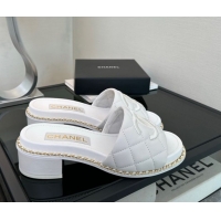 Pretty Style Chanel Quilted Lambskin Heel Slides Sandal with Chain White 2025 CH071503