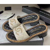 Low Cost Chanel Lambskin Heel Slides Sandal with Chain White 2025A CH071504