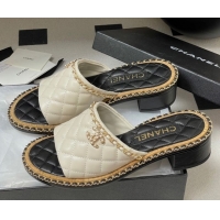 Top Design Chanel Quilted Lambskin Heel Slides Sandal with Chain White 2025A CH071505