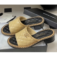 Shop Duplicate Chanel Quilted Lambskin Heel Slides Sandal with Chain Beige 2025A CH071505