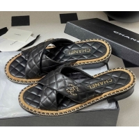 Popular Style Chanel Cross Lambskin Flat Slides Sandal with Chain Black 2025A CH071506
