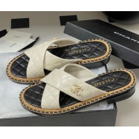 Top Grade Chanel Cross Lambskin Flat Slides Sandal with Chain White 2025A CH071506
