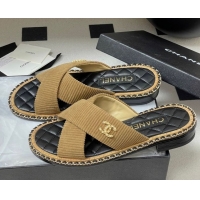 Good Product Chanel Cross Fabric Flat Slides Sandal with Chain Brown 2025A CH071506