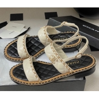 Big Discount Chanel Lambskin Flat Sandals with Chain White 2025A CH071507