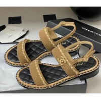Good Quality Chanel Fabric Flat Sandals with Chain Brown 2025A CH071507