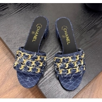 Top Grade Chanel Denim Heel Slides Sandal with Chain Strap Navy Blue 2025A CH071508