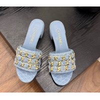Popular Style Chanel Denim Heel Slides Sandal with Chain Strap Light Blue 2025A CH071508