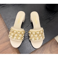 Top Design Chanel Calfskin Heel Slides Sandal with Chain Strap Beige 2025A CH071508