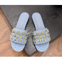 Durable Chanel Denim Flat Slides Sandal with Chain Strap Light Blue 2025A CH071508