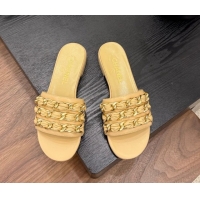 Unique Style Chanel Calfskin Flat Slides Sandal with Chain Strap Yellow 2025A CH071508